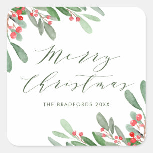 Watercolor Holly and Greenery Borders Christmas Square Sticker