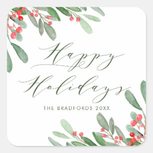 Watercolor Holly and Greenery Borders Holiday Square Sticker