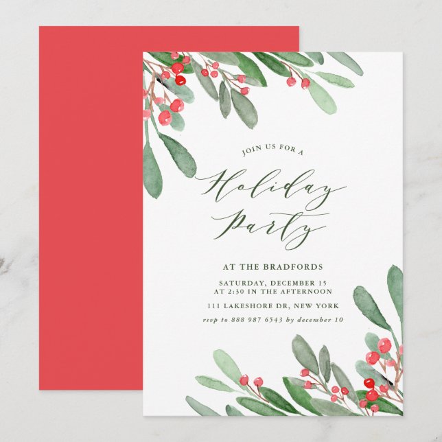 Watercolor Holly and Greenery Holiday Party Invitation (Front/Back)