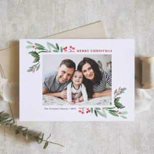 Watercolor Holly and Greenery II Season's Greeting Holiday Card