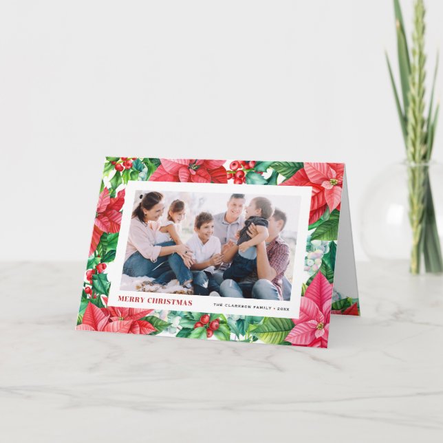 Watercolor Holly and Poinsettia Photo Christmas Holiday Card (Front)