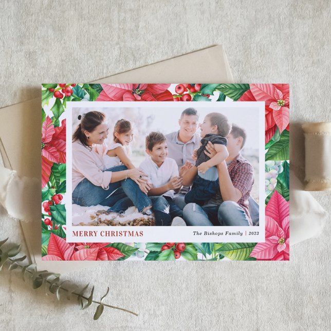Watercolor Holly and Poinsettia Photo Christmas Holiday Card (Creator Uploaded)