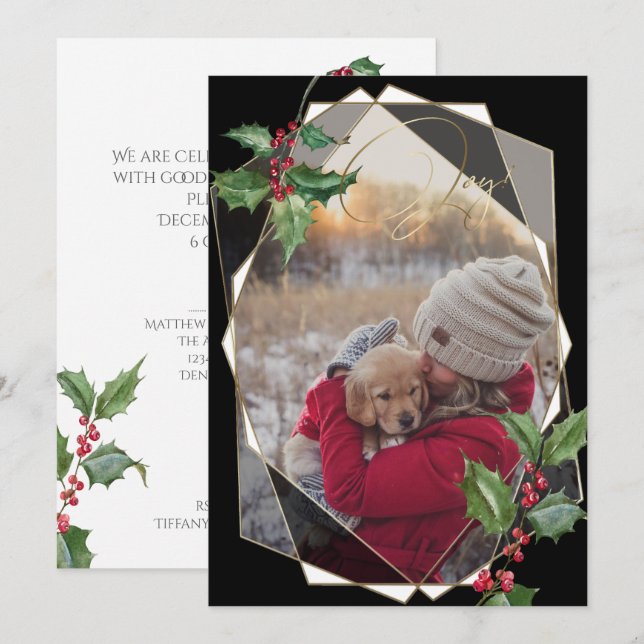 Watercolor Holly and Red Berries Black Invitation (Front/Back)