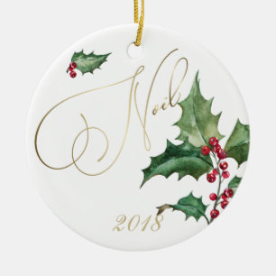 Watercolor Holly and Red Berries Ceramic Tree Decoration
