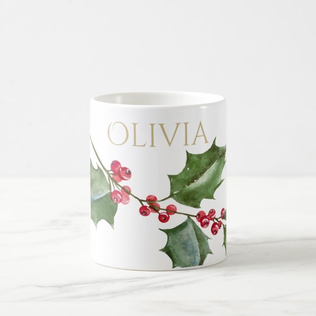 Watercolor Holly and Red Berries Coffee Mug (Center)