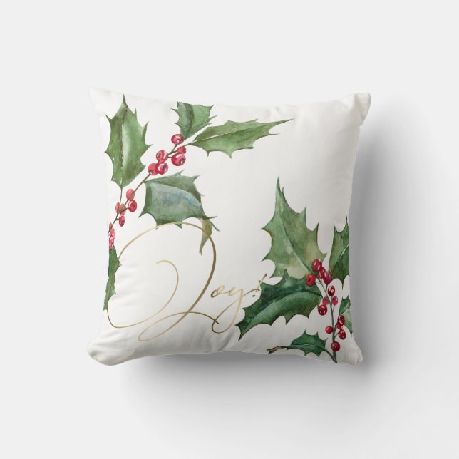 Watercolor Holly and Red Berries Cushion (Front)