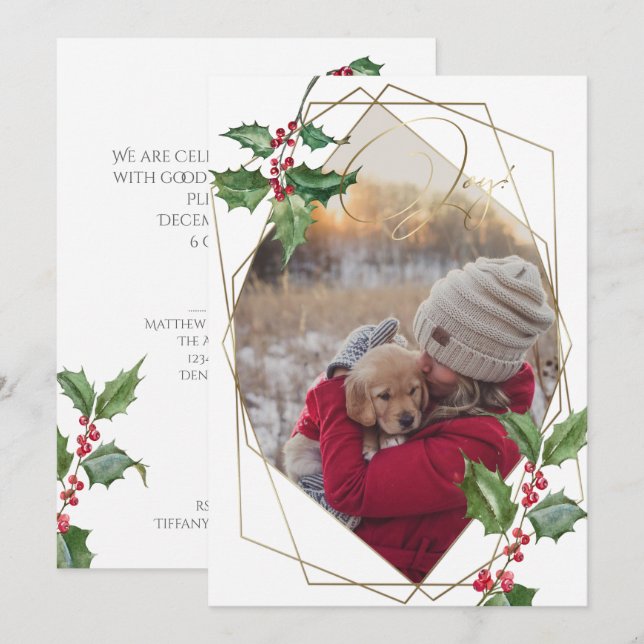 Watercolor Holly and Red Berries Invitation (Front/Back)