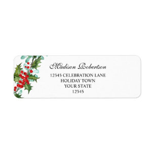 Watercolor Holly and  Red Berries Return Address