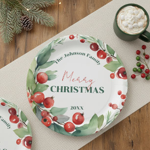 Watercolor Holly and Red Berries Wreath Christmas Paper Plate