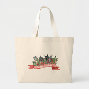 Watercolor Holly Banner Customizable Large Tote Bag