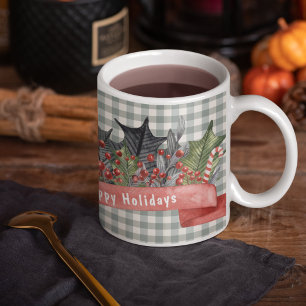 Watercolor Holly Banner on Grey Plaid Coffee Mug