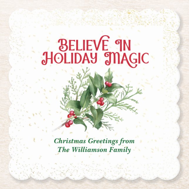 Watercolor Holly Believe Holiday Magic Christmas Paper Coaster (Front)