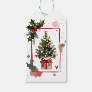 Watercolor Holly Berries Christmas Tree Holiday Gift Tags