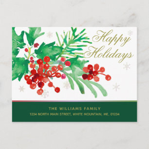 Watercolor Holly Berries Happy Holidays Moving Announcement Postcard