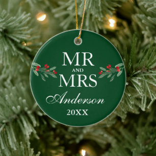 Watercolor Holly Berries Mr. Mrs. PHOTO BACK Green Ceramic Tree Decoration