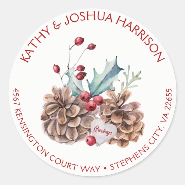 Watercolor Holly Berries Pine Cones Address | Classic Round Sticker (Front)