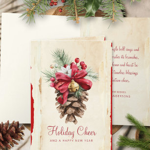 Watercolor Holly Berries Pine Cones Red Jingle Holiday Card