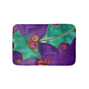 Watercolor Holly Berries Purple Green Red Holiday Bath Mat