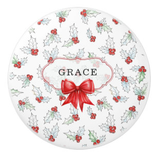 Watercolor Holly Berries Red Ribbon Custom Name Ceramic Knob