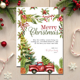 Watercolor Holly Berries & Red Truck Christmas Holiday Card