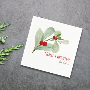 Watercolor Holly Berries Simple Merry Christmas  Napkin