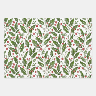 Watercolor Holly Berry and Green Leaves on White Wrapping Paper Sheet