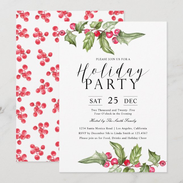 Watercolor Holly berry Branches Holiday Party Invitation (Front/Back)