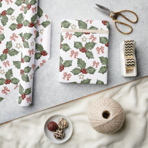 Watercolor Holly Berry & Candy Cane Bow Christmas Wrapping Paper
