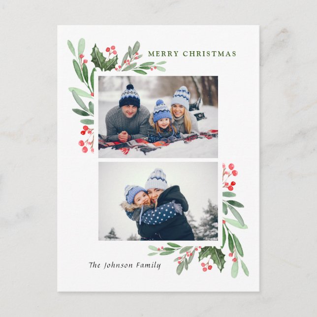Watercolor Holly Berry Christmas 2 PHOTO Greeting Postcard (Front)