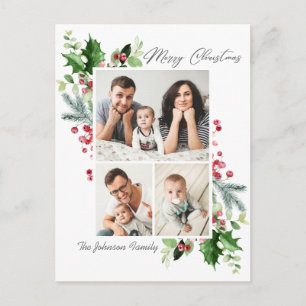 Watercolor Holly Berry Christmas 3 PHOTO Greeting Postcard