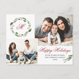 Watercolor Holly Berry Christmas 3 PHOTO Greeting Postcard