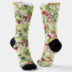 Watercolor Holly Berry Christmas Crew Socks