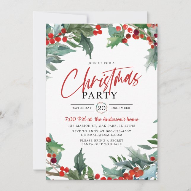 Watercolor Holly Berry Christmas Greetings Party  Invitation (Front)