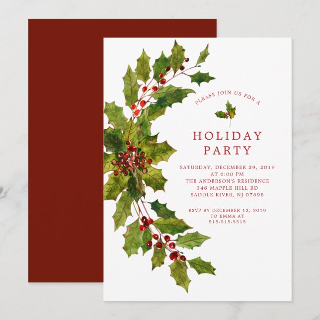 Watercolor Holly Berry Christmas Holiday Party Invitation (Front/Back)