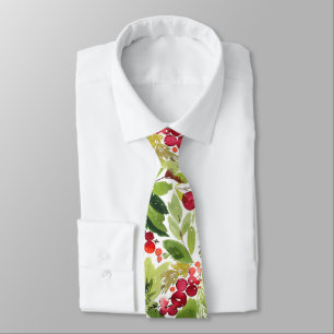 Watercolor Holly Berry Christmas Neck Tie