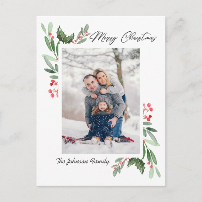 Watercolor Holly Berry Christmas PHOTO Greeting Postcard (Front)