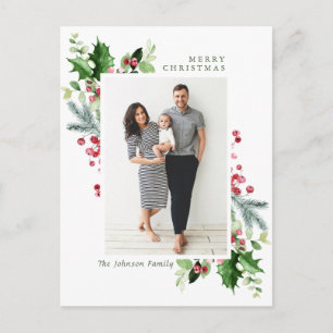 Watercolor Holly Berry Christmas PHOTO Greeting Postcard
