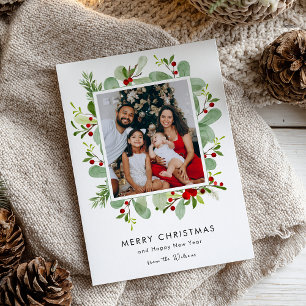 Watercolor Holly Berry Christmas Photo Holiday Card