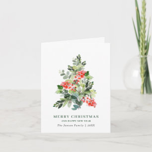 Watercolor Holly Berry Christmas Tree Greeting Hol Holiday Card