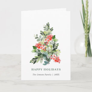 Watercolor Holly Berry Christmas Tree Greeting Holiday Card
