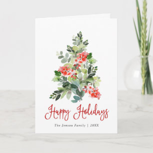 Watercolor Holly Berry Christmas Tree Greeting Holiday Card