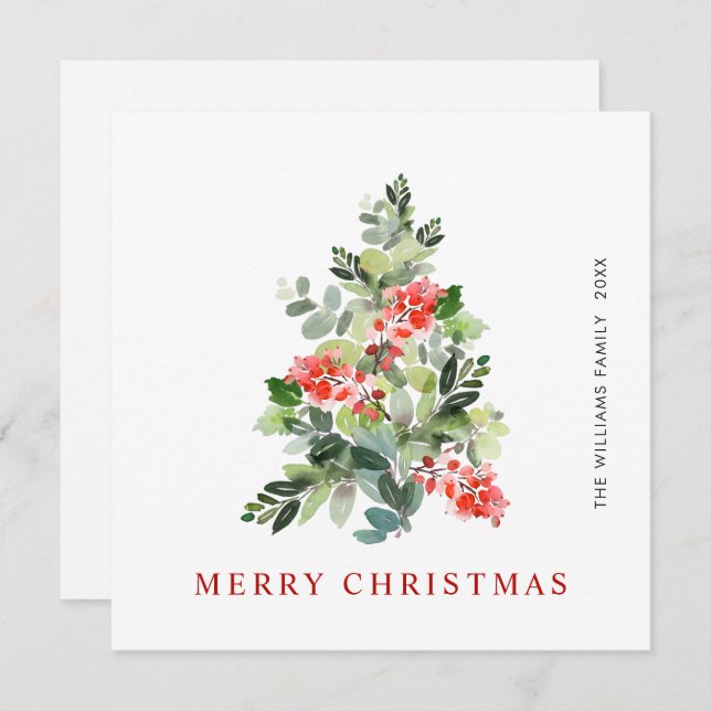 Watercolor Holly Berry Christmas Tree Greeting Holiday Card (Front/Back)