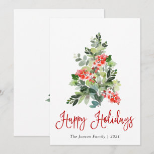 Watercolor Holly Berry Christmas Tree Greeting Holiday Card