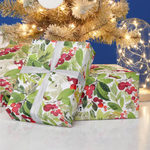 Watercolor Holly Berry Christmas Wrapping Paper