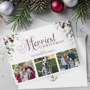 Watercolor Holly Berry Family Photo Christmas Card