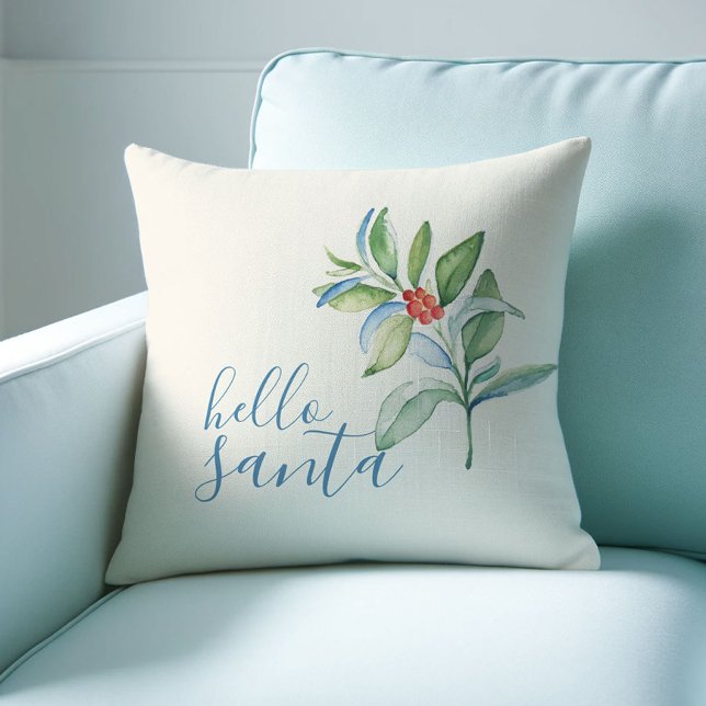 Watercolor Holly Berry Farmhouse Christmas Holiday Cushion (Christmas throw pillow watercolor botanical art by Victoria Grigaliunas of Do Tell A Belle)