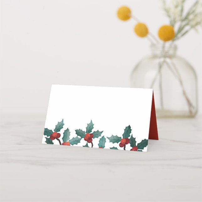 Watercolor Holly Berry Foliage | Holiday Place Card (Front)