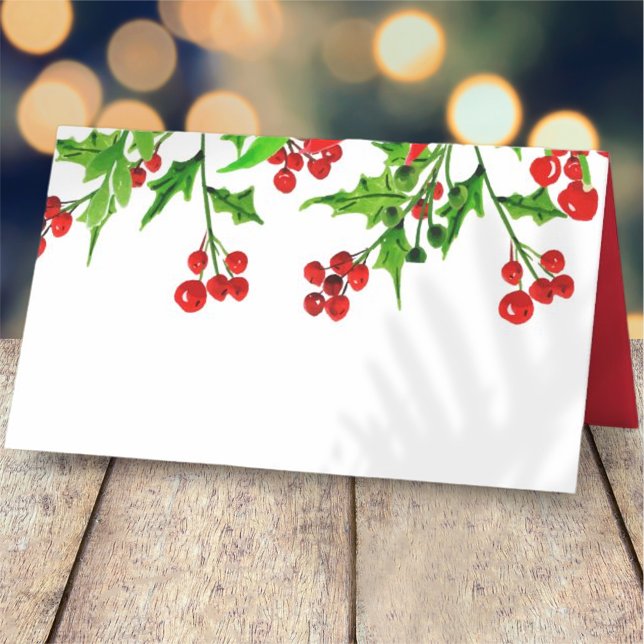 Watercolor Holly Berry Foliage | Holiday Place Card (Creator Uploaded)