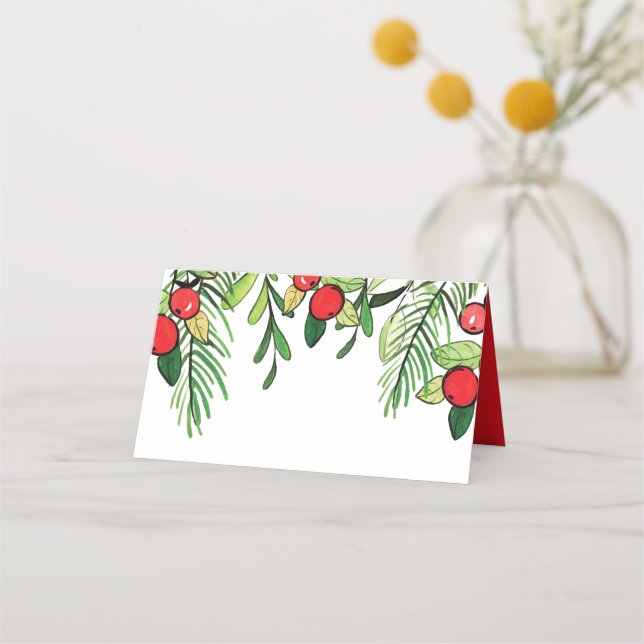 Watercolor Holly Berry Foliage | Holiday Place Card (Front)