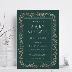 Watercolor Holly Berry Frame Boy Baby Shower Green Invitation